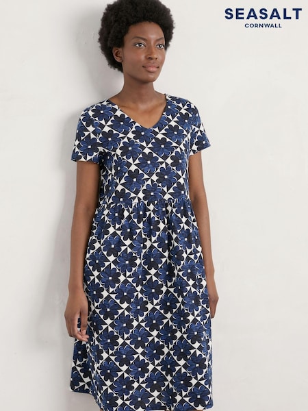 Seasalt Cornwall Blue Brush Drawing V-Neck Jersey Dress (M94553) | €38