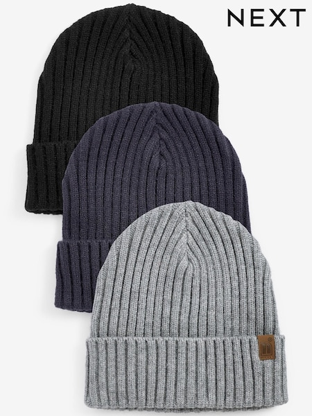 Marineblau/Grau - 3 Pack Knitted Ribbed Beanie Hats (1-16yrs) (M95479) | 6 € - 13 €