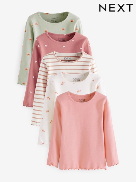 Pink Ditsy 5 Pack Long Sleeve Rib Jersey Tops (3mths-7yrs) (M95666) | € 6 - € 7