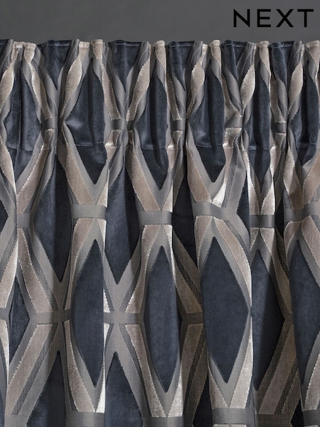 Navy Blue Next Collection Luxe Heavyweight Geometric Cut Velvet Pencil Pleat Lined Curtains (M95983) | €114 - €229