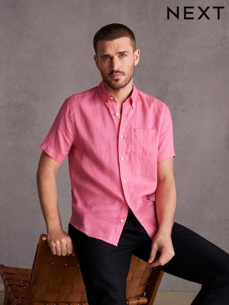 Pink Signature 100% Linen Short Sleeve Oxford Shirt (M96372) | €21