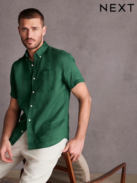 Green Standard Collar Signature 100% Linen Short Sleeve Shirt (M96373) | AED83