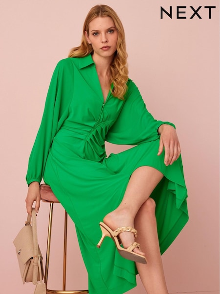 Green Long Sleeve Ruched Shirt Midi Dress (M96473) | €26