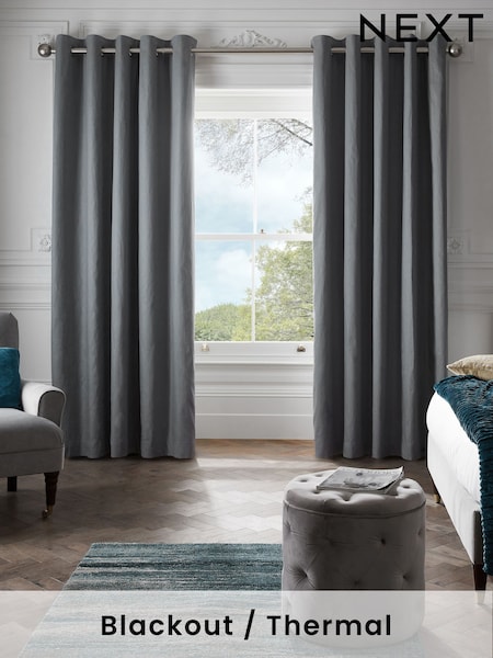 Grey Steel Blackout/Thermal Cotton Eyelet Curtains (M96800) | $58 - $151