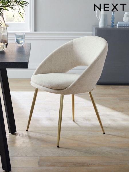 Set of 2 Light Natural Tweedy Plain Hewitt Upholstered Gold Effect Leg Dining Chairs (M97708) | €395