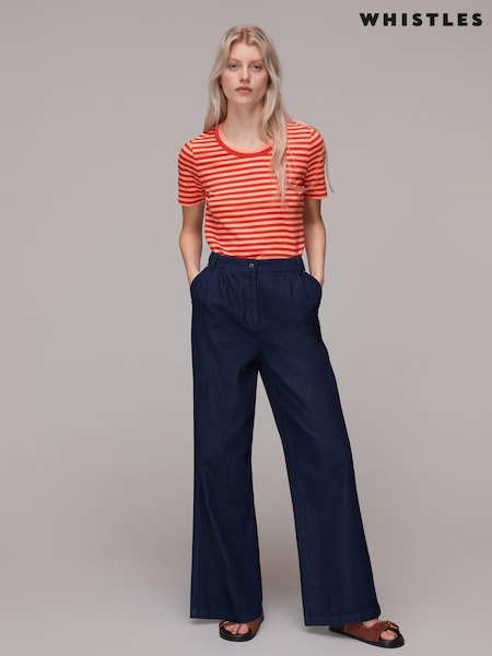 Whistles Red Rosa Double 100% Cotton Trim Stripe T-Shirt (M99075) | €50