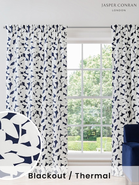 Jasper Conran London Navy Blue Pencil Pleat Blackout Floral Leaf Curtain (MYE012) | €37 - €89