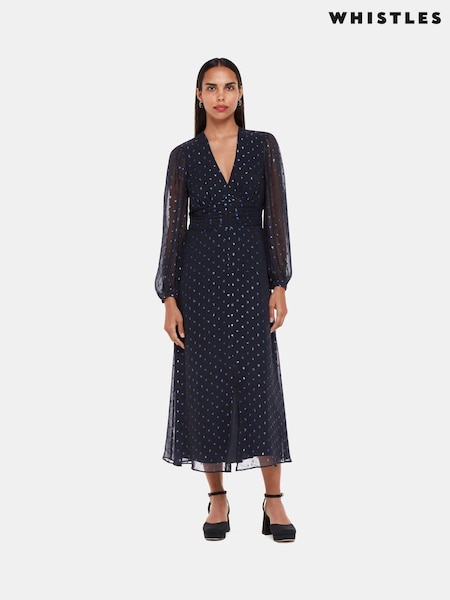 Whistles Blue Metallic Dobby Midi Dress (N00049) | €114