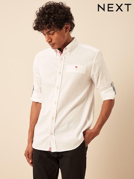White 100% Cotton Textured Trimmed Long Sleeve Oxford Shirt (N00136) | AED76
