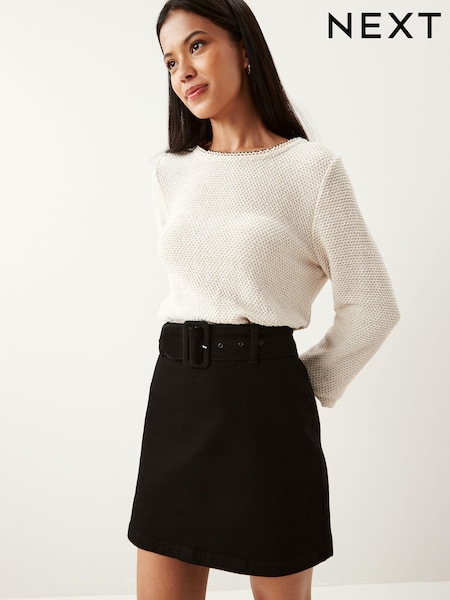 Черный - Belted Denim Mini Skirt (N00158) | €7