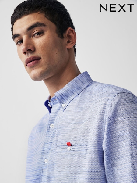 Blue 100% Cotton Textured Trimmed Long Sleeve Oxford Shirt (N00169) | €25