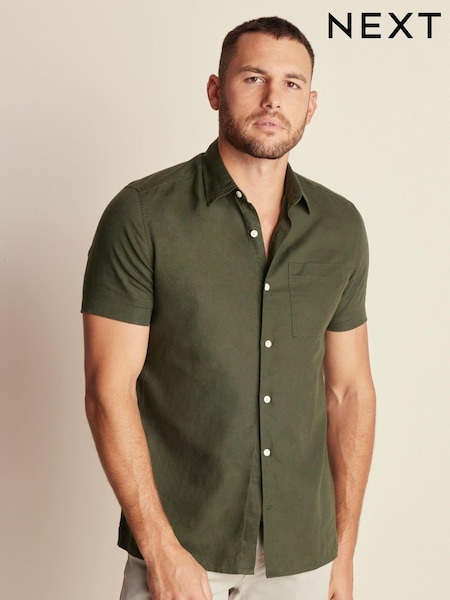 Verde închis - Linen Blend Short Sleeve Shirt (N00182) | 111 LEI
