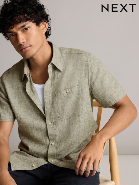 Green Standard Collar Linen Blend Short Sleeve 100% Cotton Oxford Shirt (N00185) | AED85