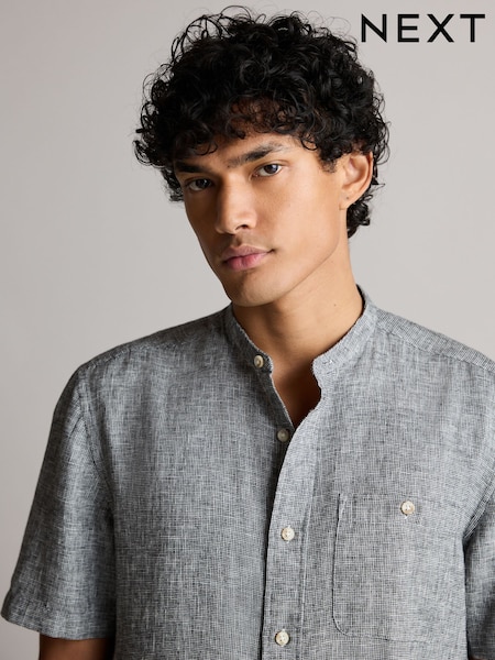 Grey Grandad Collar Linen Blend Short Sleeve 100% Cotton Oxford Shirt (N00191) | €13