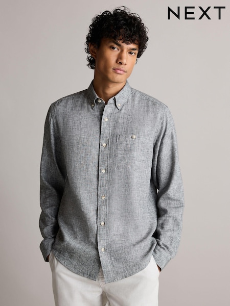 Gri - Linen Blend Long Sleeve Oxford 100% Cotton Shirt (N00194) | 119 LEI
