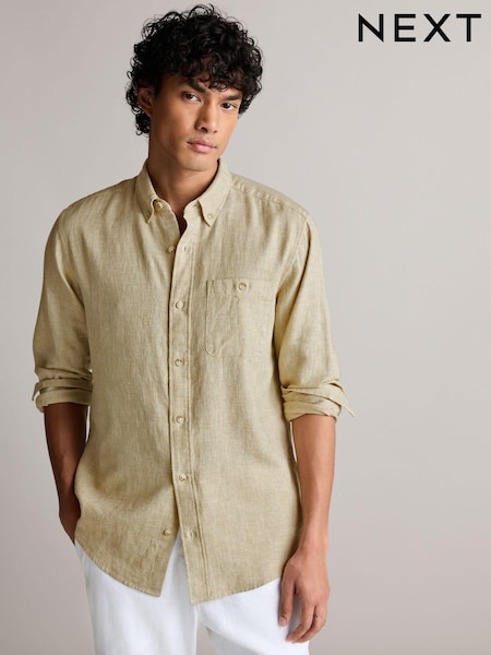 Natural Standard Collar Linen Blend Long Sleeve Oxford Shirt (N00196) | €15.50