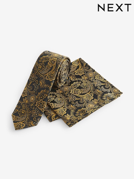 Black/Yellow Gold Paisley Slim Party Tie And Pocket Square Set (N00331) | €9