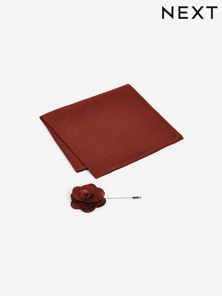 Rust Orange Textured Silk Lapel Pin And Pocket Square Set (N00336) | €6.50