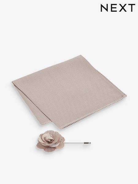 Neutral Brown Textured Silk Lapel Pin And Pocket Square Set (N00343) | €6