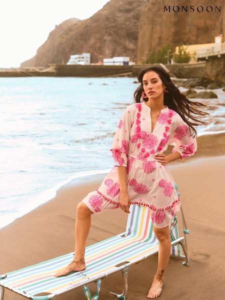 Monsoon White Tassel Embellished Medallion Print Kaftan Dress (N00460) | €54