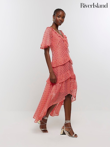River Island Pink Metallic Spot Midi Dress (N00519) | €20