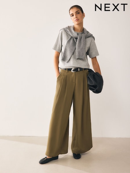 Khaki Green - Crinkle Palazzo Trousers