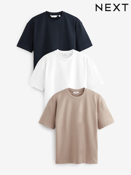 White/Navy Blue/Stone Natural Relaxed Fit Heavy weight T-Shirts 3 Pack (N00988) | LEI 167