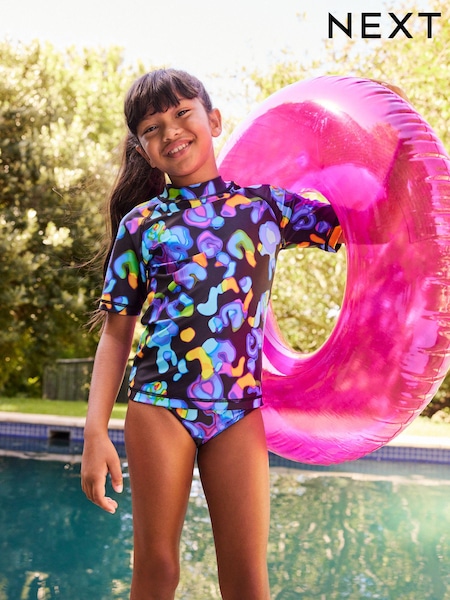 Multi Bright Black Animal Print Rash Vest Set (3-16yrs) (N01165) | AED51 - AED64