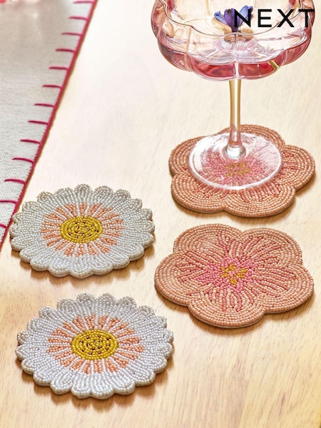 Set of 4 Pink Floral Beaded Coasters (N01267) | €18