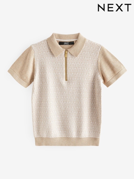 Neutral Zip Knitted Short Sleeve Geo Pattern Polo Shirt (3-16yrs) (N01370) | €8 - €10