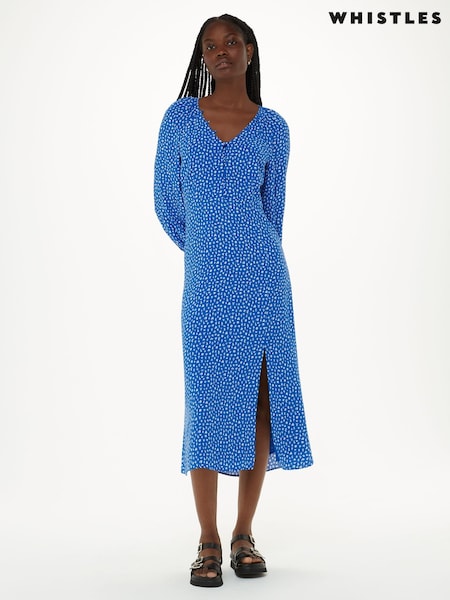 Whistles Blue Micro Cactus Print Midi Dress (N01658) | €95