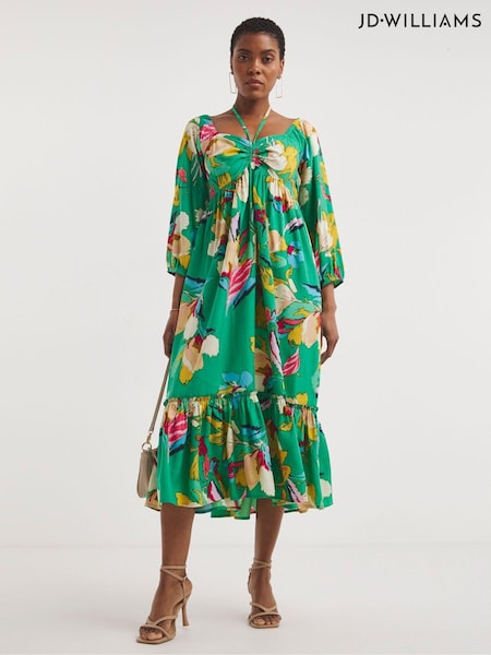 JD Williams Green Print Smock Sundress With Neck Tie (N01747) | €24