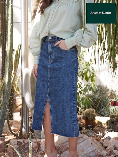Another Sunday Denim Midi Skirt With Middle Seam Slit In Blue (N01987) | €25