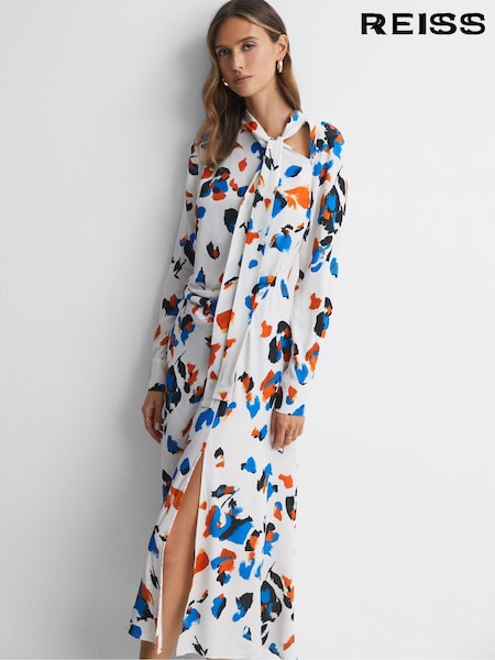 Reiss Niyah Printed Tie Neck Midi Dress (N02019) | 2,211 LEI