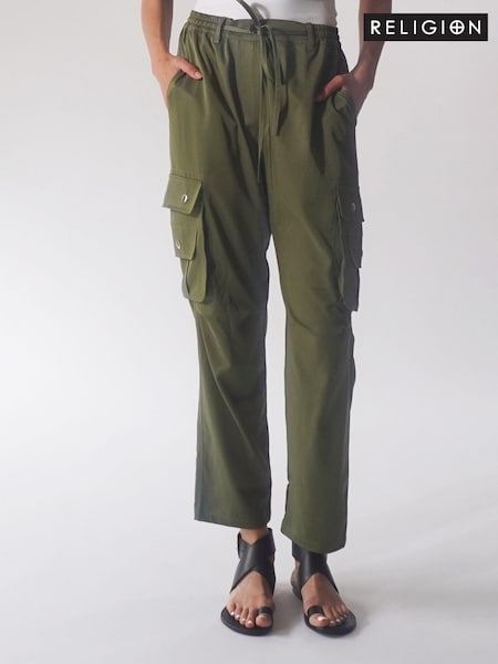 Verde - Religion utilitari Pantaloni cu buzunare multiple în crep moale (N02108) | 193 LEI