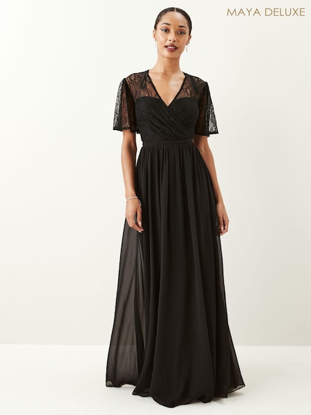 Maya Black Wrap Front Flutter Sleeve Lace Bodice Maxi Dress (N02133) | €32