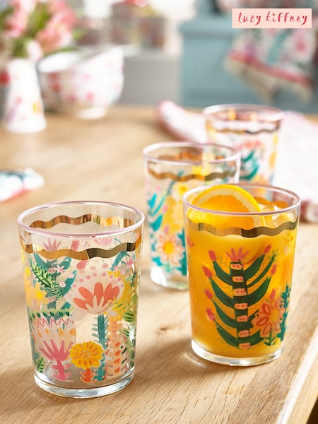 Lucy Tiffney Set of 4 Floral Gold Rim Tumbler Glasses (N02186) | €29
