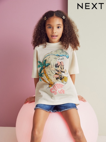Cream Oversized 100% Cotton Sequin Minnie Mouse License T-Shirt (3-16yrs) (N02277) | €8 - €11