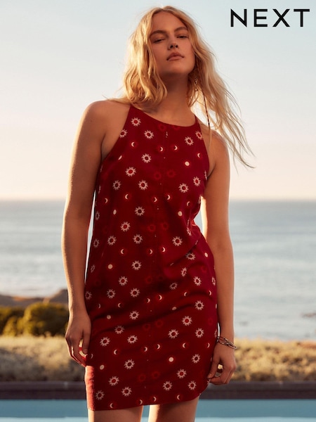 rdeča - Linen Blend High Neck Mini Dress (N02300) | € 13
