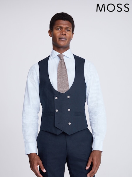 MOSS Navy Blue Slim Fit Matt Linen Waistcoat (N02495) | €59