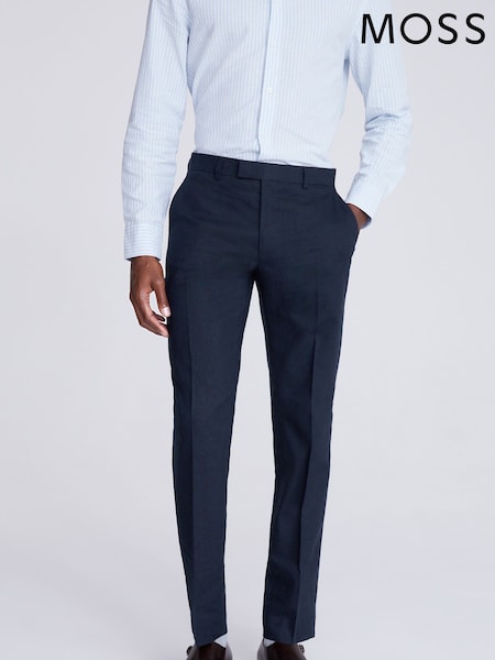 MOSS Blue Slim Fit Matte Linen Trousers (N02496) | AED582