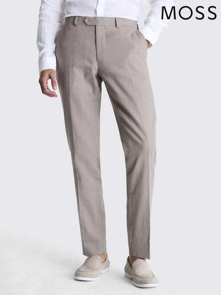 MOSS Taupe Natural Slim Fit Linen Trousers (N02523) | €64