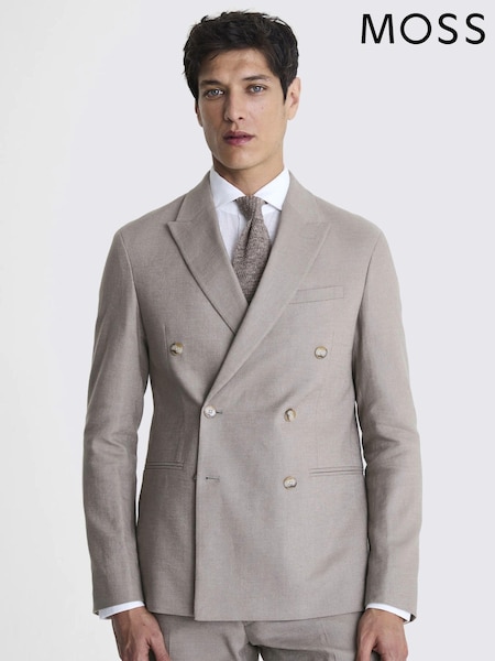 MOSS Taupe Natural Slim Fit Linen Double Breasted Jacket (N02524) | €95