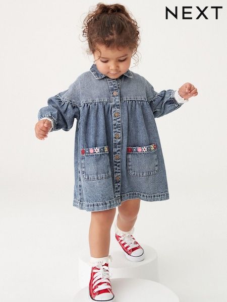 Blue Denim Embroidered 100% Cotton Shirt Dress (3mths-8yrs) (N02818) | AED53 - AED63