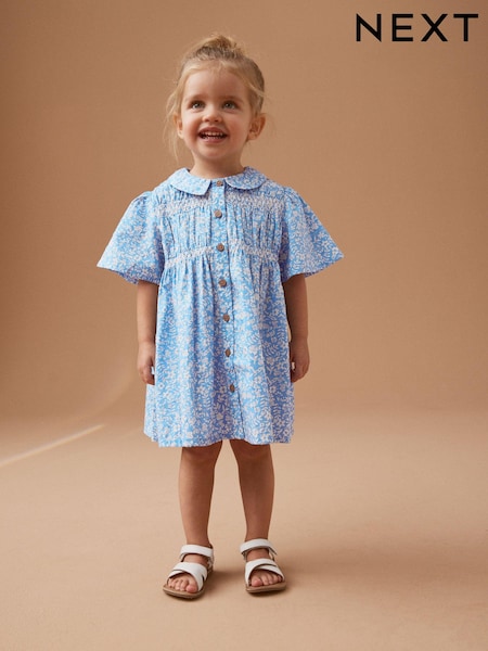 Blue Ditsy Shirred Cotton Dress (3mths-7yrs) (N02847) | €8.50 - €10