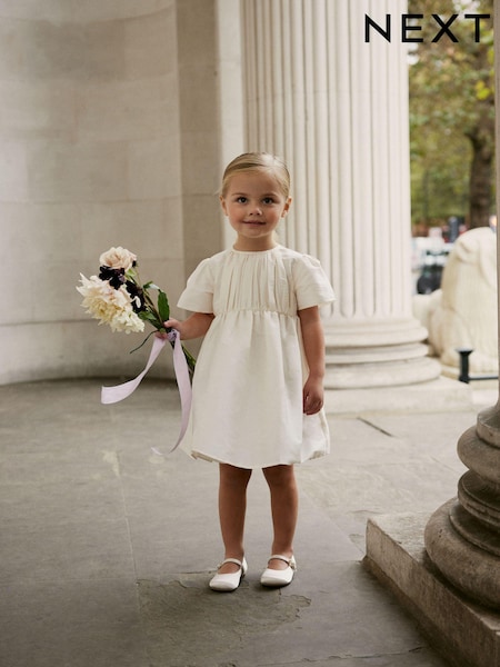 Cream Pleat Detail Short Sleeve Taffeta Dress (3mths-10yrs) (N02857) | 62 QAR - 83 QAR