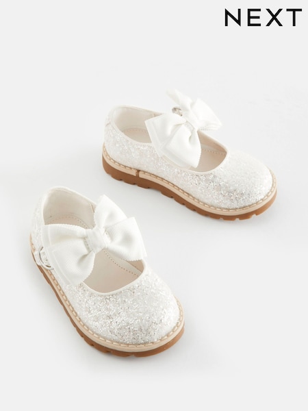 White Glitter Bow Standard Fit (F) Mary Jane Flower Girl Touch Fastening Bow Shoes (N04540) | 109 QAR - 119 QAR