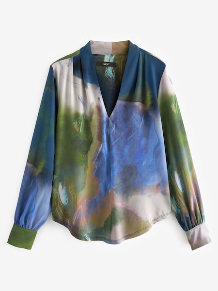Marineblau/Aquarellmuster - Long Sleeve V-Neck Cuff Blouse (N04548) | 6 €
