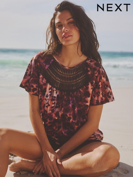 Pink Animal Short Sleeve Crochet Bubblehem Printed Top (N04554) | €4