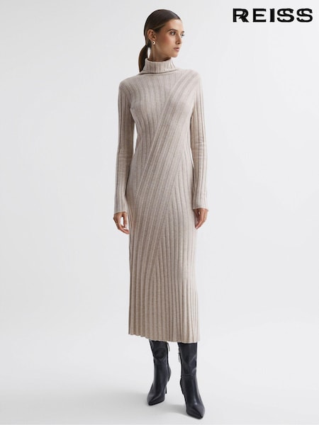Reiss Neutral Cady Knitted Roll Neck Midi Dress (N04561) | €95